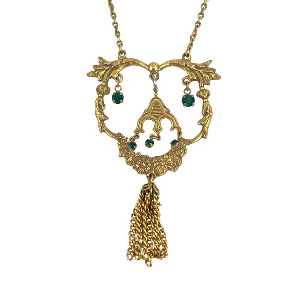 Victorian Revival Gold Tone Necklace 16 Inch With Green Rhinestone & Tassel Acce - Picture 1 of 10
